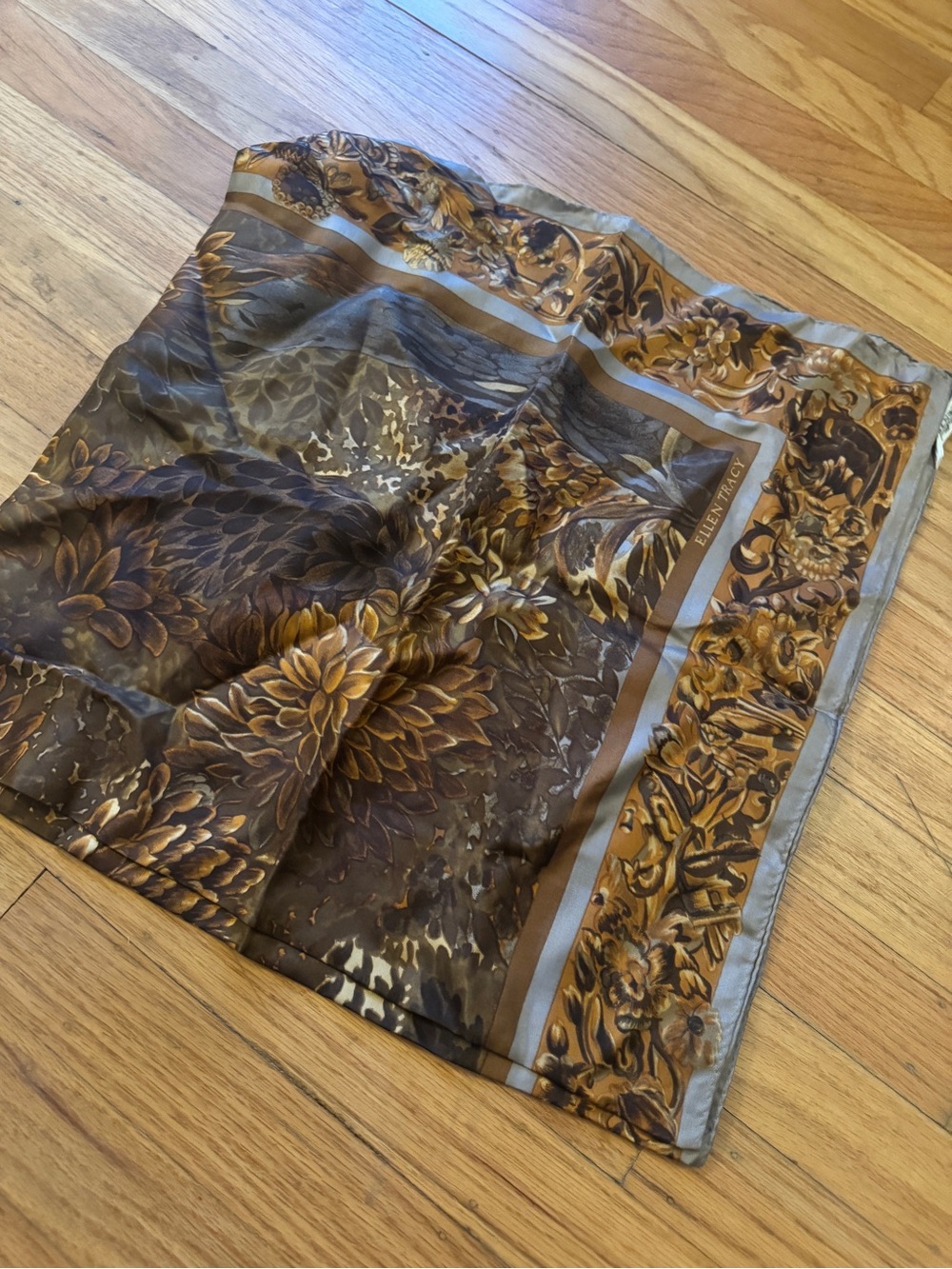 Vintage Ellen Tracy Floral Brown & Gold Silk Scarf